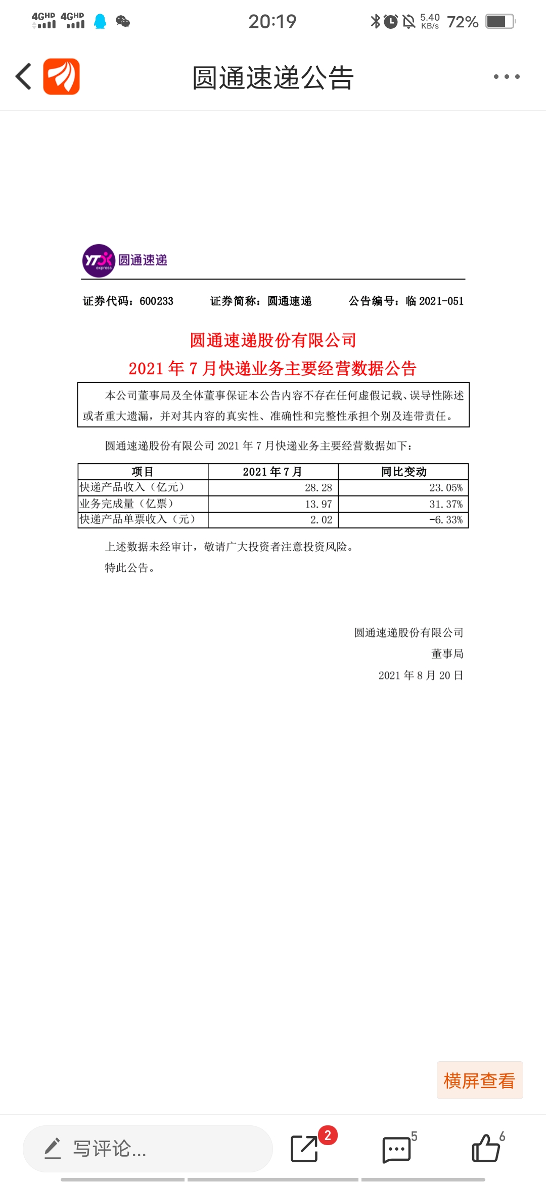 圆通速递发生6笔大宗交易 合计成交1.01亿元