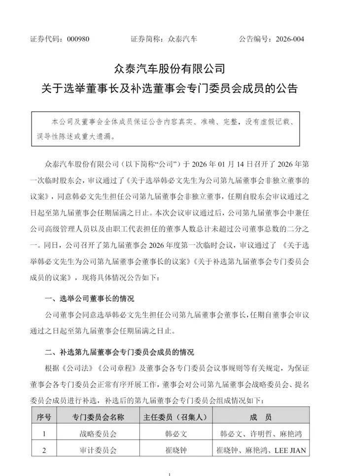 众泰汽车(000980.SZ)：选举韩必文担任公司董事长
